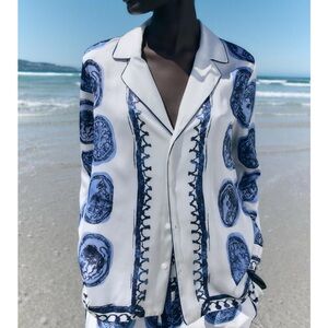 Zara Blue and White Button Down Shirt with Intricate Design